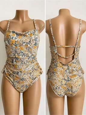 Cupshe Floral Ruched One Piece Swimsuit Vintage Yellow Blue Size Large L